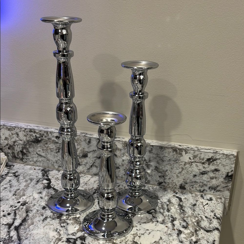 Elegant Silvertone Candle Holder Set